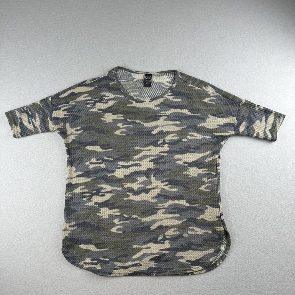 Lildy Women's 3/4 Sleeve Camo Print Waffle Knit Tunic Size S-M Green Multicolor